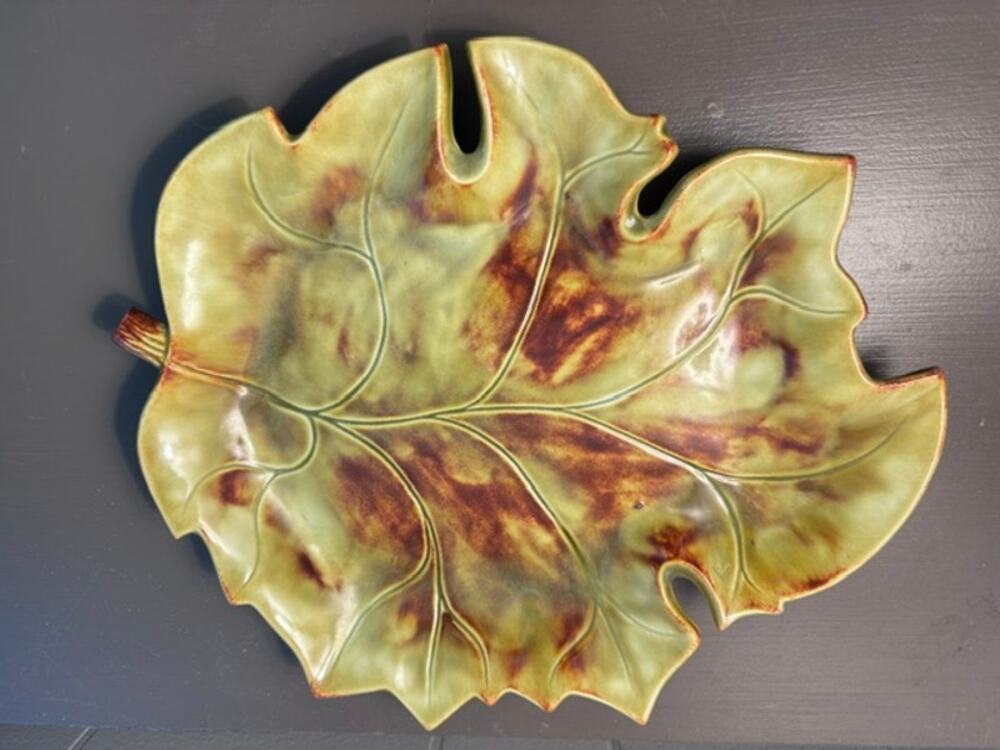 Vintage Vee Jackson California Pottery Leaf Platter Green Brown MCM 11”